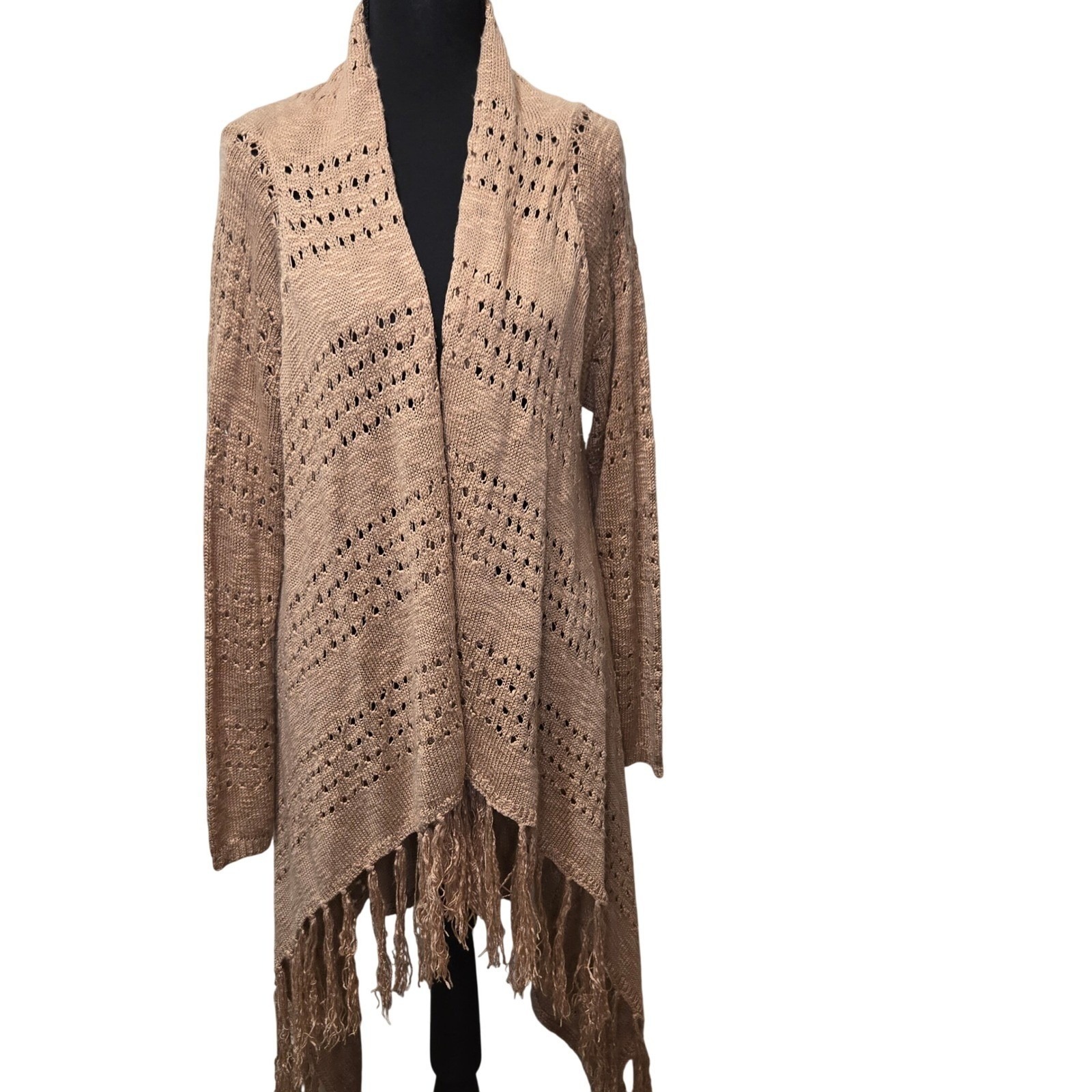 Knox Rose Acrylic Yarn Crochet Fringe Cardigan Duster Size L